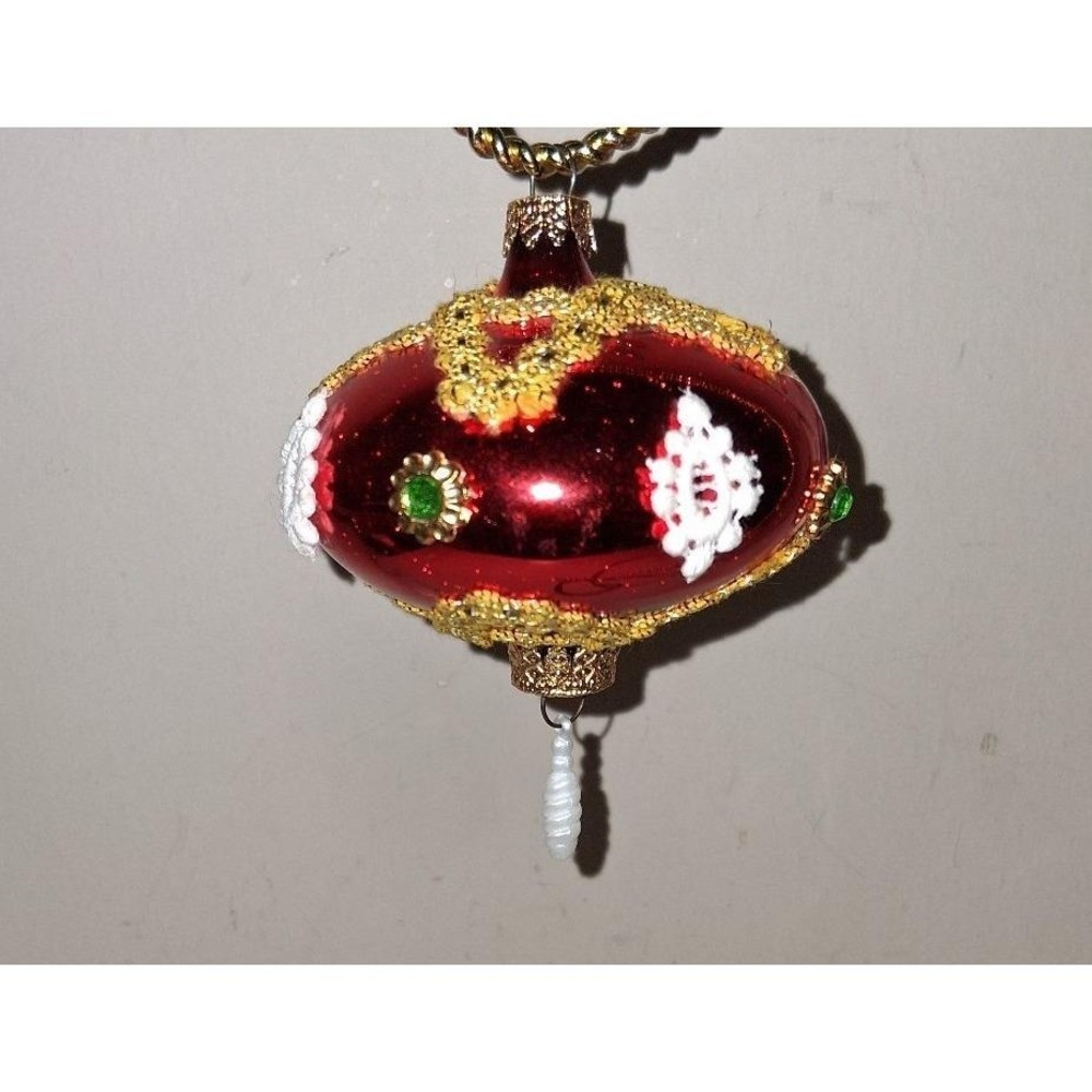 Vintage West Germany UFO Spinner Glass Christmas Ornament Red Gold Lace Trim 3"